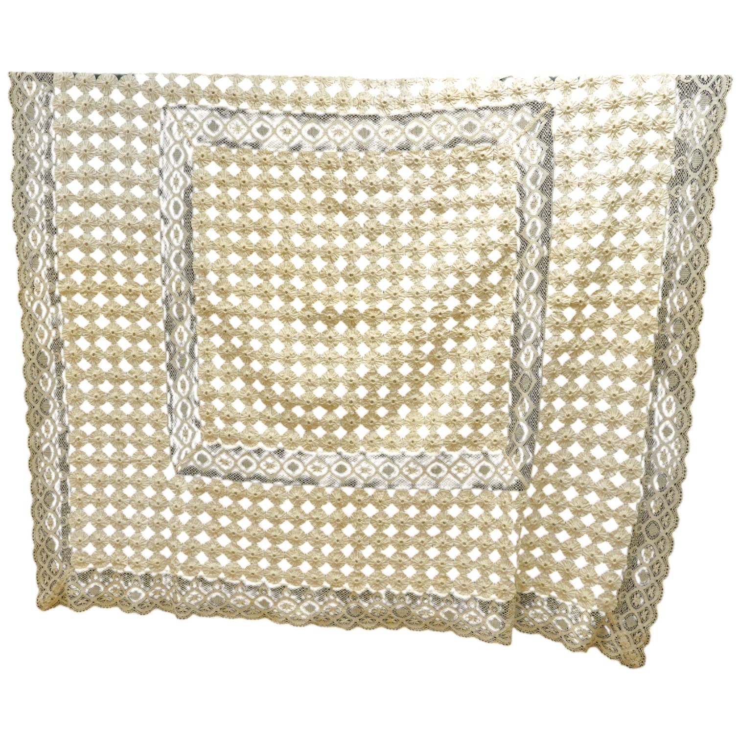 A late 19th early 20th century ‘YoYo’ puffy cream silk and cream bobbin lace quilt/bedcover, made with circles of silk, drawn together as a decorative gathered to top, then stitched together in panels and between wide bo